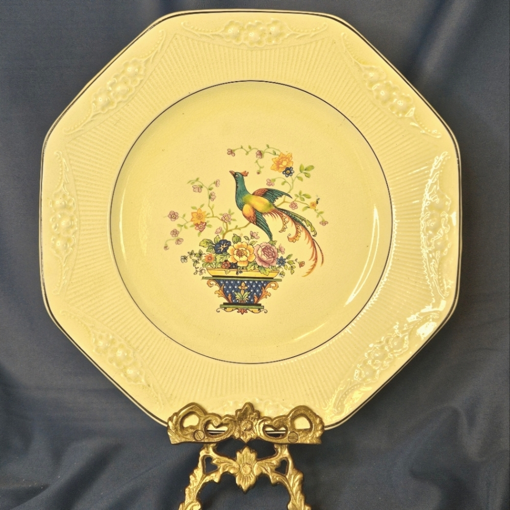 Circa 20's Salem Antique Ivory Peacock Floral Yellow Octagonal Dinner Plate